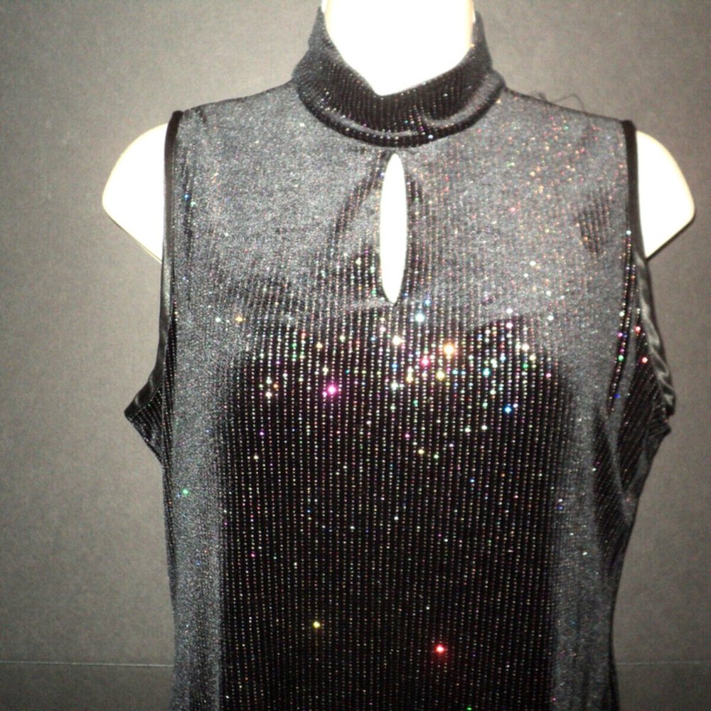 Ronni Nicole Petite by Ouida Gown Maxi Dress Sz 8 Black/Multi Metallic Pinstripe